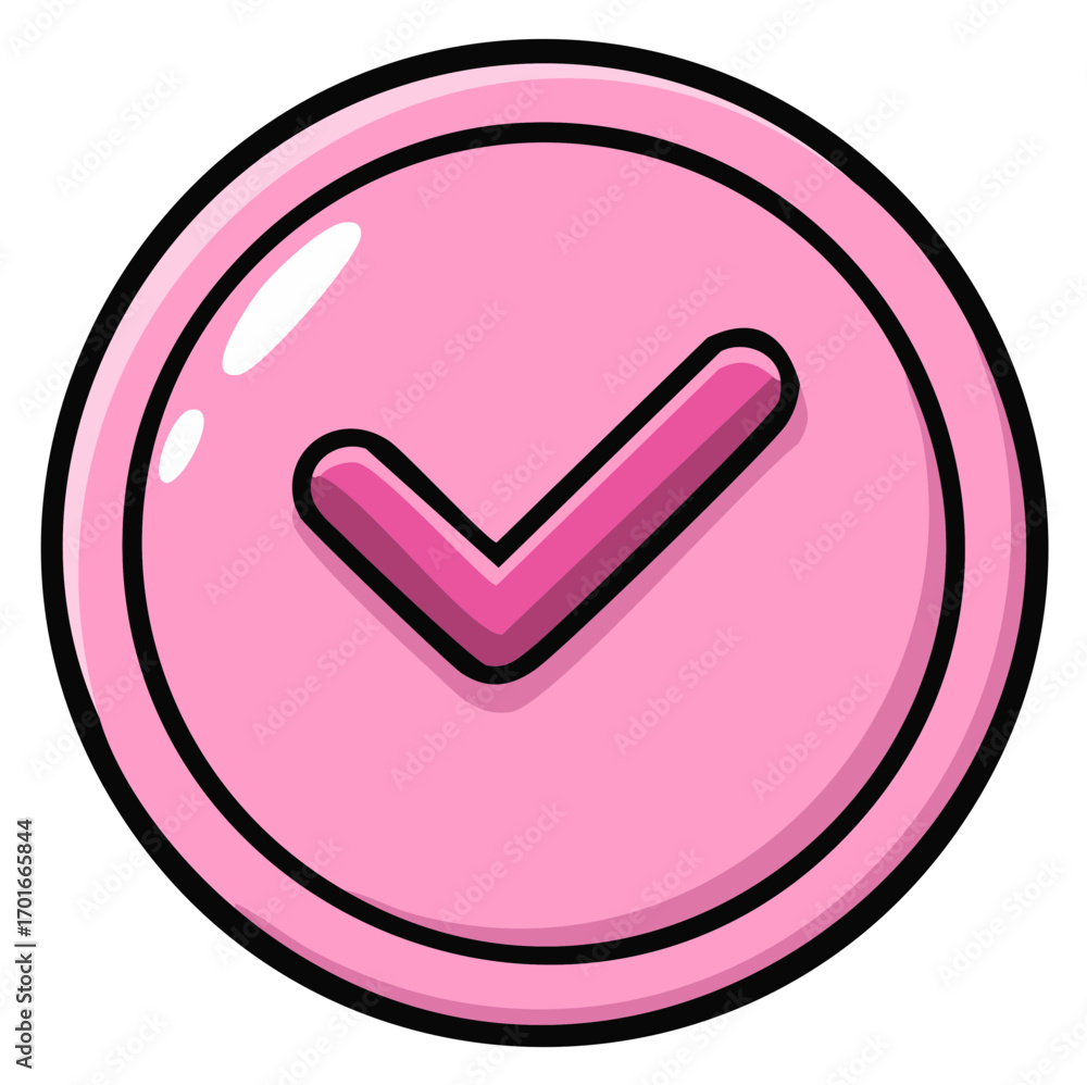 Poster pink button icon with check mark, design element