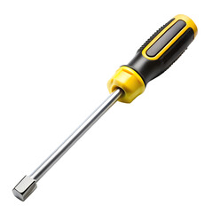 A professional magnetic nut driver screwdriver with a yellow and black ergonomic handle, isolated on a transparent background, ideal for construction and repair tasks