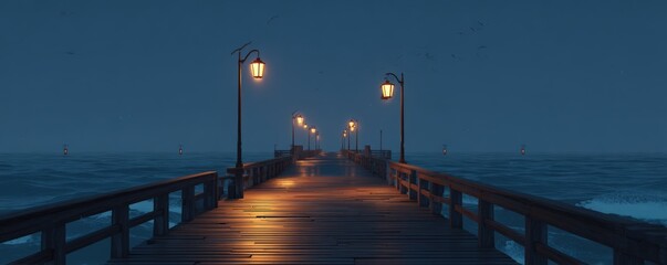 Misty night on a wooden pier over a dark sea
