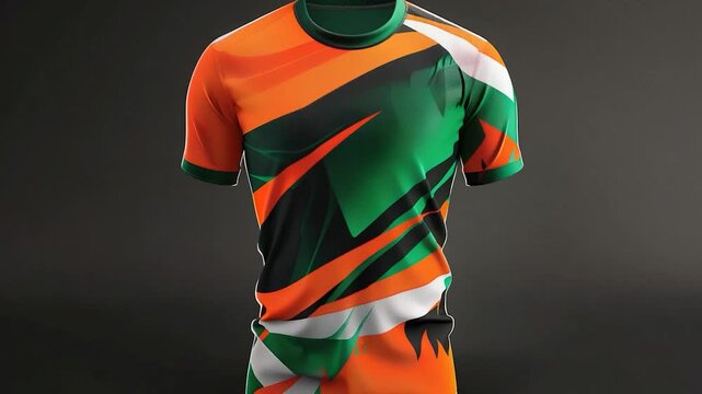 Mannequin wearing a green, orange, and white soccer jersey