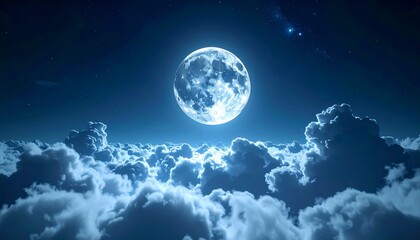 Obraz premium A breathtaking view of a full moon shining brightly above soft, fluffy clouds at night.