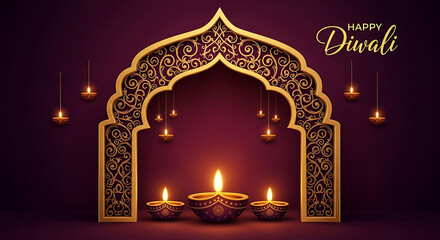 Happy Diwali Decorative Archway with Lit Diyas