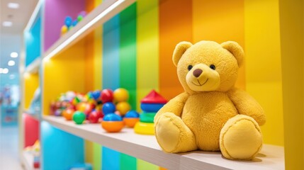 Cute Yellow Teddy Bear Sitting on Shelf with Colorful Toys in Playroom, Kindergarten