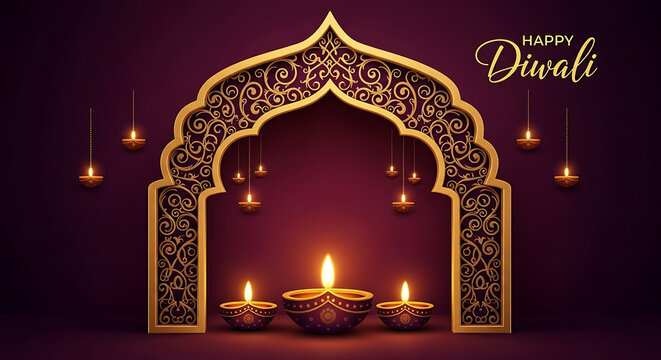 Happy Diwali Decorative Archway with Lit Diyas