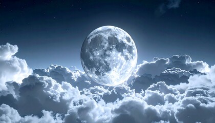 Fototapeta premium A breathtaking view of a full moon illuminating soft clouds in a night sky filled with stars.