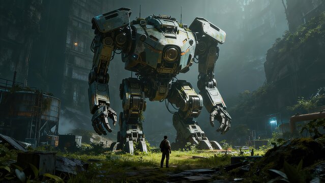 Giant Mecha In Abandoned City, Post - Apocalyptic Landscape Of Human And Machinery