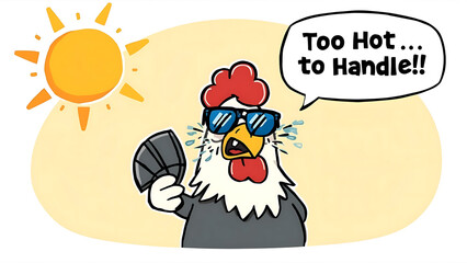 sweating under the sun, fanning itself frantically, sunglasses slipping