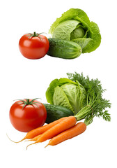 Assortment of fresh vegetables including tomato, lettuce, cucumber, and carrots isolated on transparent background