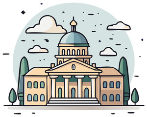 Fototapeta premium Cartoon Style Government Building with Columns and Dome against a Cloudy Sky