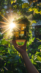 Day of labor hand elevates compact lush building in sun