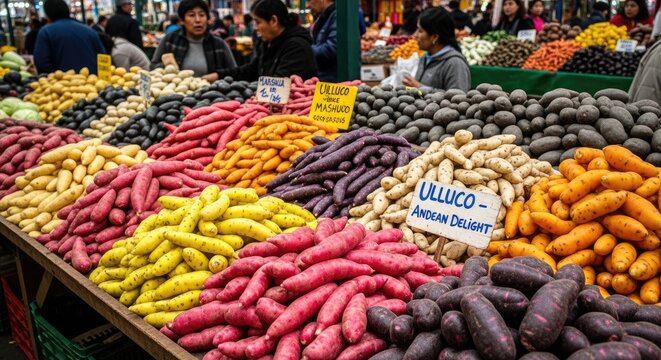 A vibrant market stall with a variety of colorful potatoes and vegetables, including purple, yellow, and white potatoes, and various types of squash and squash squash.