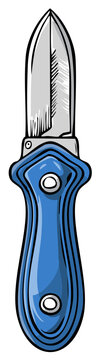 Illustration of a shucking knife with a silver blade and a blue handle used to open oyster shells