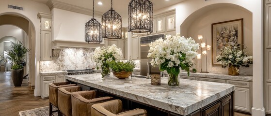 Luxurious kitchen with large island, ornate lighting, and abundant flowers