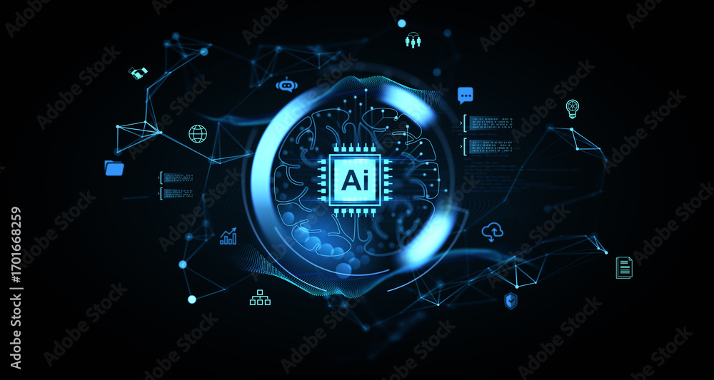 Aufkleber futuristic concept of artificial intelligence chip integrated in digital brain surrounded by data an