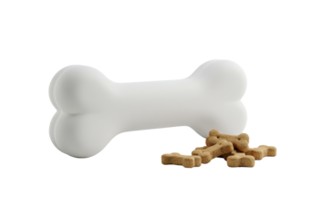 A premium white pet chew toy bone, elegantly positioned with small bone-shaped treats on a very transparent background, highlighting clean lines and smooth texture, commercial product concept