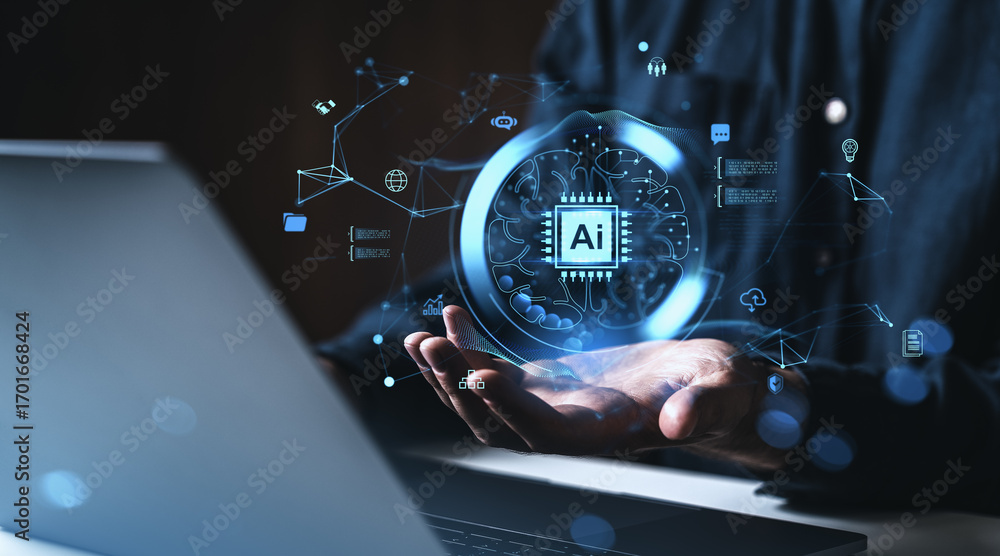 Poster futuristic ai hologram concept with neural network interface projected above a person's hand beside 
