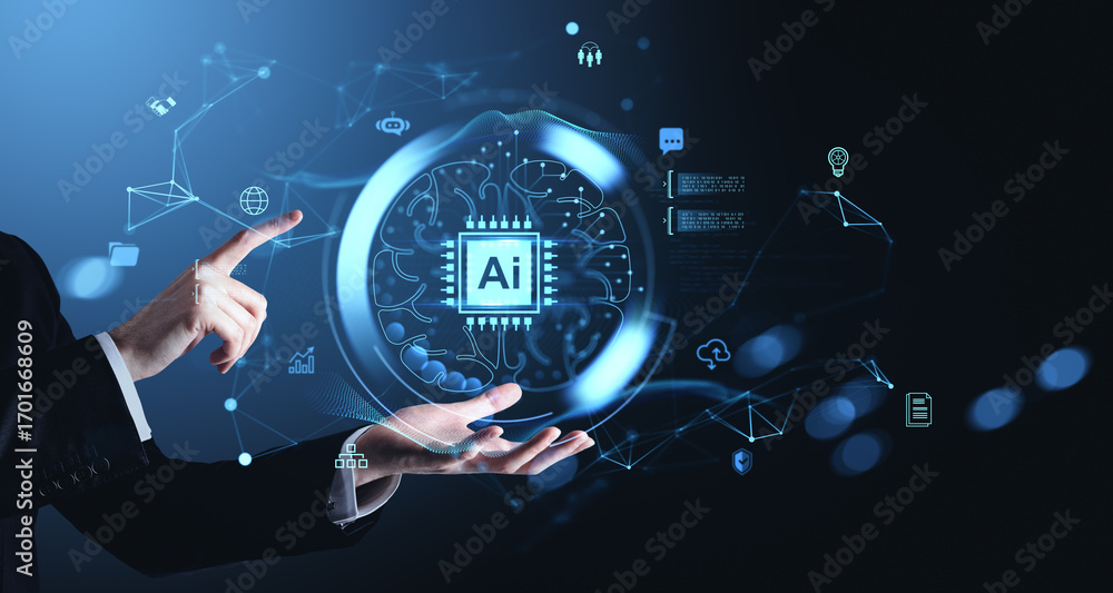 Aufkleber futuristic concept of ai technology with businessman interacting with holographic brain chip interfa