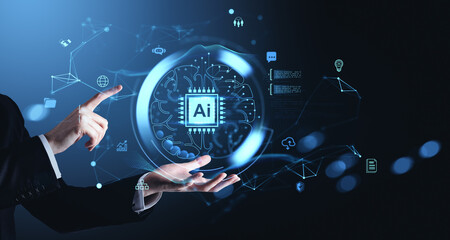 Futuristic concept of AI technology with businessman interacting with holographic brain chip interface in digital network environment on dark blue background.