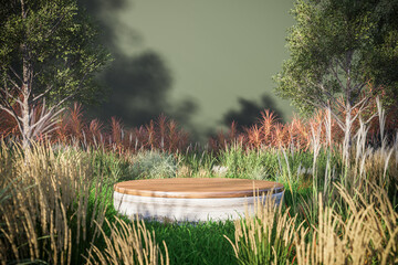 Minimalist Wooden Podium in Natural Outdoor Garden for Product Display 3D Rendering