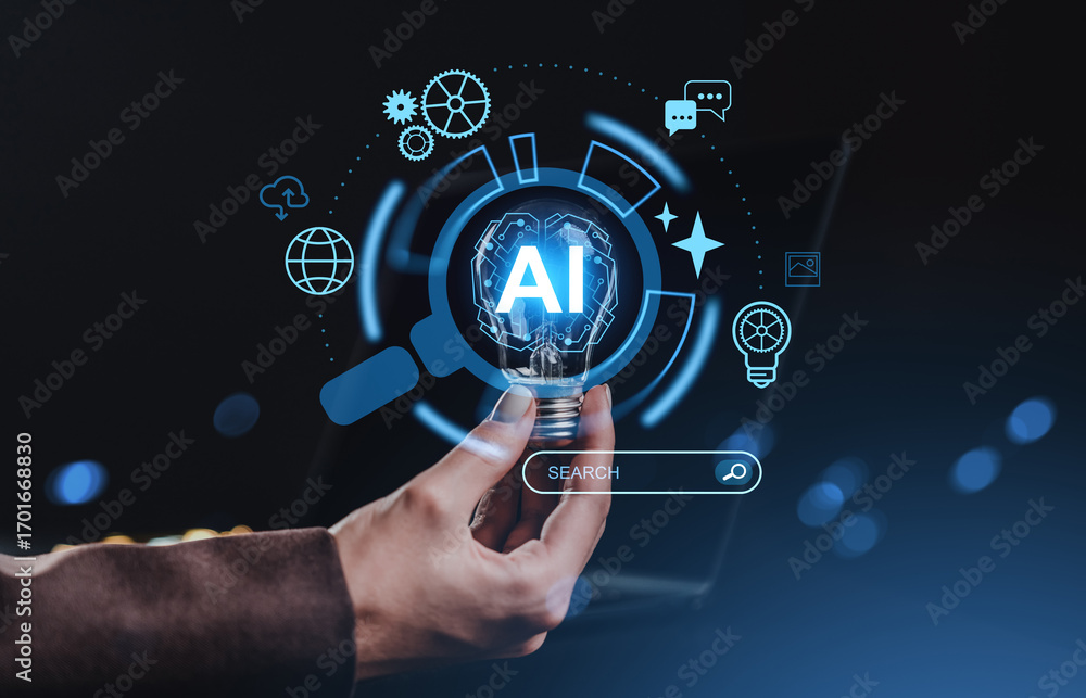 Poster hand holding bulb with ai text and digital icons on dark tech background.