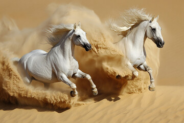 Dynamic sand spray as desert stallions clash midair 32k, full ultra hd, high resolution