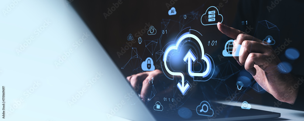 Aufkleber cloud data upload and download concept with glowing icon interface and human hand interacting with t