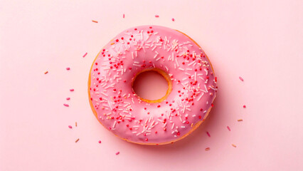 Top view appetizing photo of donut covered with pink glaze and pink sprinkles on light pink background, sweet dessert pastry, delicious baked doughnut snack for cafe menu and food photography.