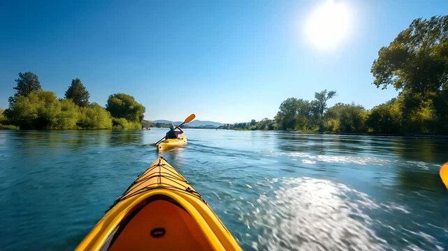 A couple kayaks on a river under a clear sky with paddles dipping water splashing a picnic basket strapped and a heron gliding nearby presented in a peaceful photo with water
