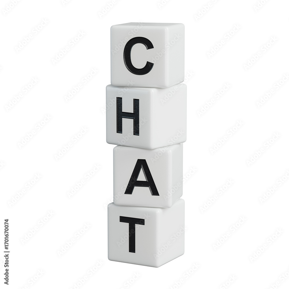 Poster chat.wooden elements spelling.flat lay view from above on wooden elements buttons.it technology conc