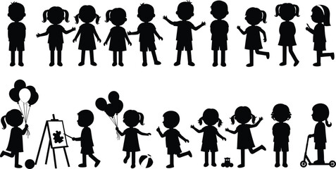 PrintSilhouette of Children Playing, Holding Balloons, Drawing, Riding Scooter and Having Fun at Kindergarten or Preschool Outdoor Activities