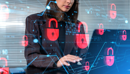 Cybersecurity breach concept with red padlocks on digital interface background.