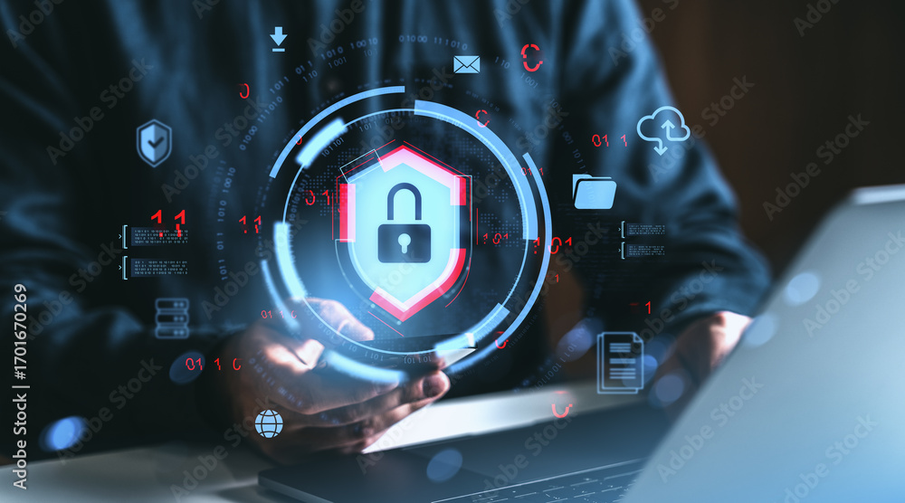 Aufkleber Cybersecurity data protection shield with digital padlock interface over hands and laptop in futuristic style showing internet safety concept.