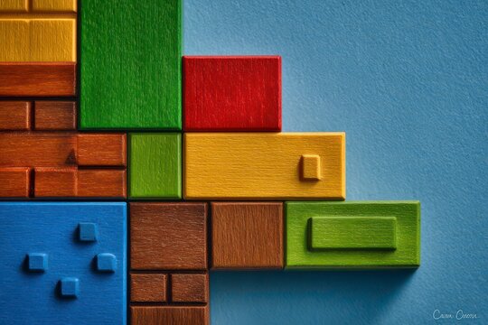 Colorful wooden blocks arranged in a game-like pattern on a blue background