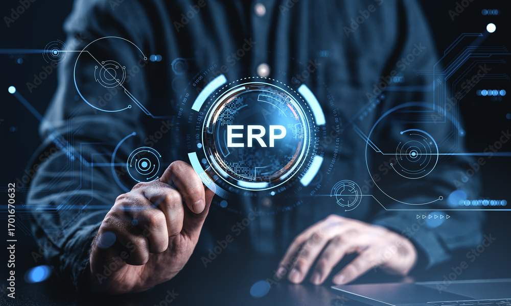 Poster erp system integration concept with businessman interacting with digital interface and futuristic te
