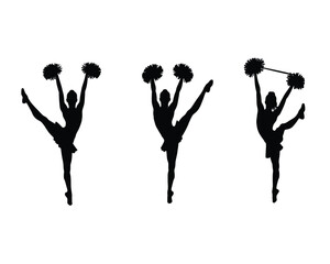Silhouette of three energetic cheerleaders performing dynamic dance poses with pom poms raised high against a white background