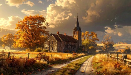 Obraz premium A peaceful countryside scene with an old stone church on a winding dirt road during a beautiful golden autumn sunset