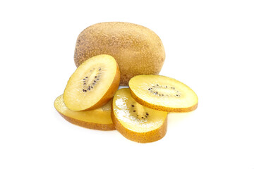 Golden kiwi, cut into slices, placed on a white background.