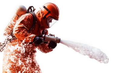 Firefighter spraying water from a hose, isolated on transparent background