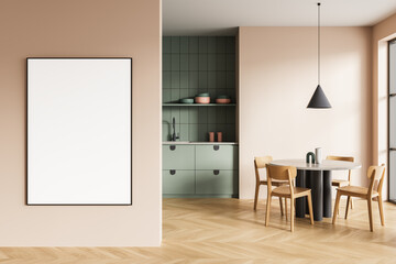 Modern interior with dining area, kitchen and vertical poster mockup on pastel wall, stylish minimalist furniture and soft natural lighting setup. 3D Rendering
