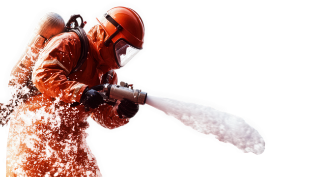 Firefighter spraying water from a hose, isolated on transparent background