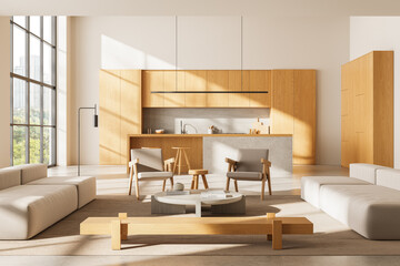 Modern minimalist living room and kitchen interior with wood and neutral tones, large windows and cozy furniture in natural sunlight. 3D Rendering