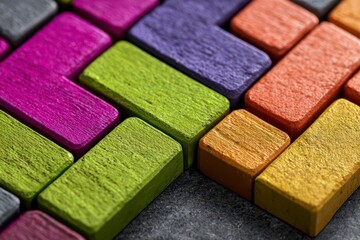 Fototapeta premium Colorful wooden puzzle pieces arranged in a pattern