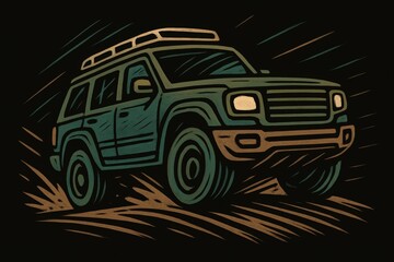Rugged off-road SUV illustration in earthy tones, driving dynamically with bold motion lines on a dark background.