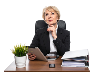 Confident Mature CEO Looking Up While Holding Digital Tablet PNG