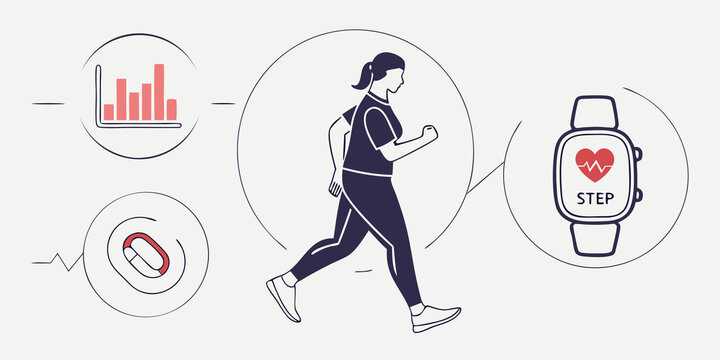 Active Woman Jogging with Health Monitoring Data and Smartwatch Displaying Heartbeat