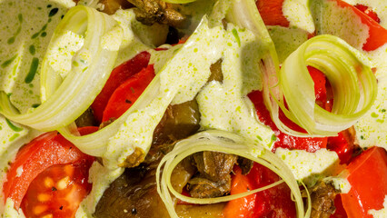 Creamy tangle of earth-toned mushrooms and vibrant tomatoes, evoking Midsummer revels, with...