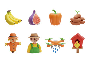 3d icon of collection of farm elements including fruits, vegetables, scarecrow, farmer, drone, and chicken coop isolated on transparent background