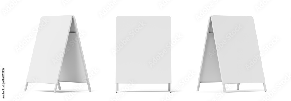 Poster blank sandwich board mockup shown from three angles on white background for advertising display conc