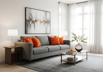 A modern living room with a gray sofa, orange accent pillows, and abstract art
