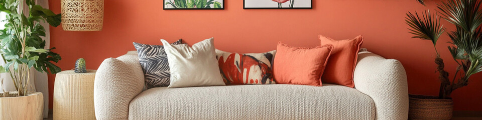 Chic living space with boucle sofa and playful decor on tangerine wall